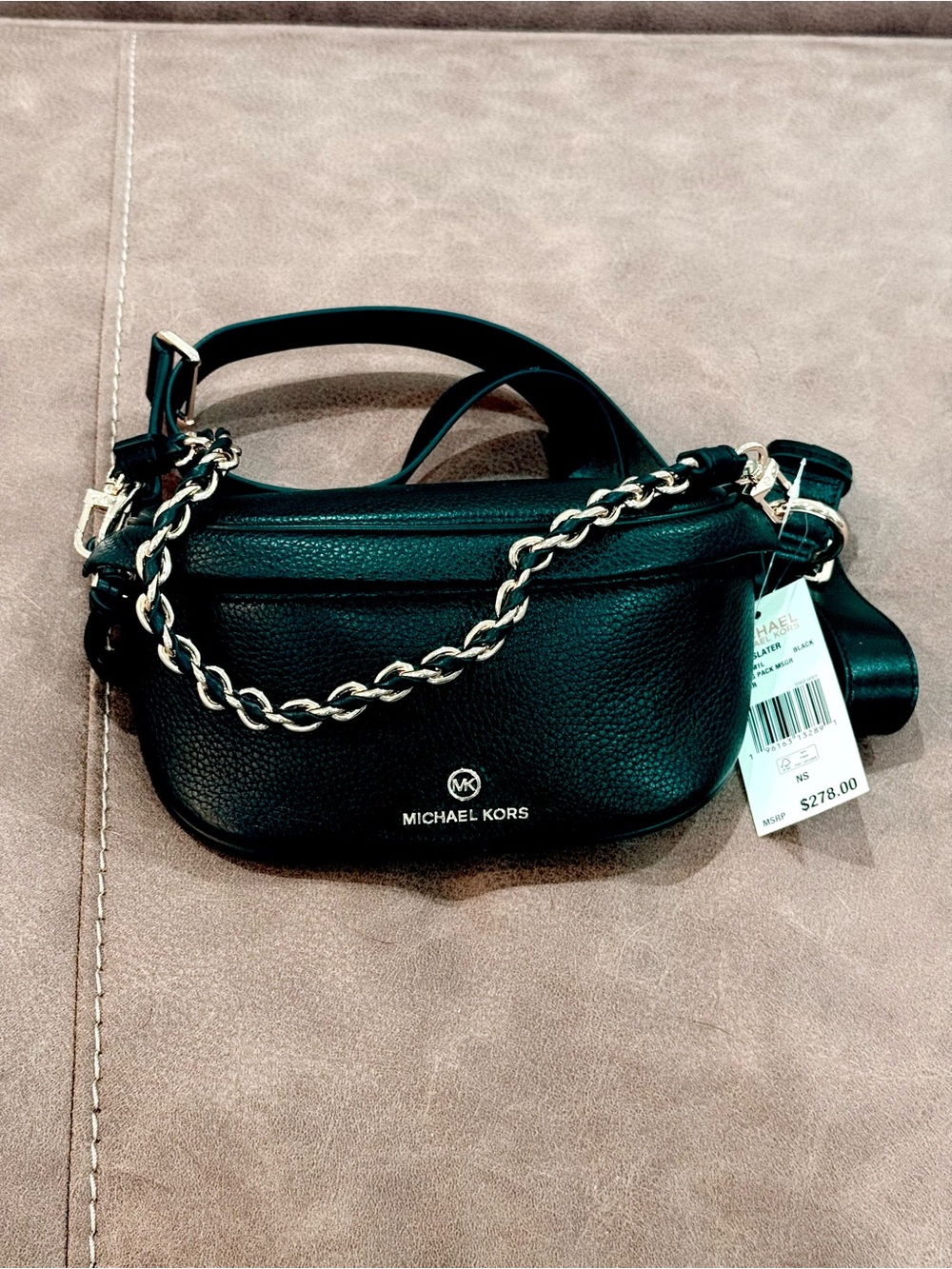 Michael Kors Black Pebbled Leather Mini Chain Belt Bag with Silver-Tone Chain